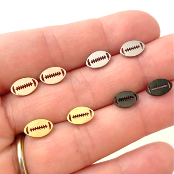 NEW! AWESOME STAINLESS FOOTBALL RUGBY STUD EARRINGS - Hypoallergenic! - Picture 2 of 4